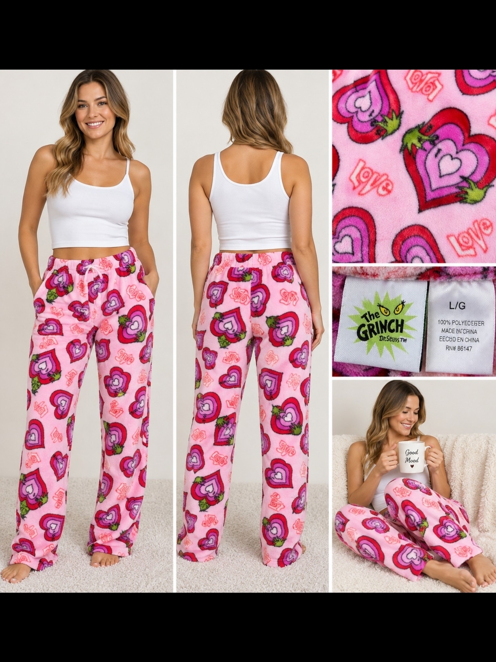 Pink Heart-Print Fleece Pajama Pants
